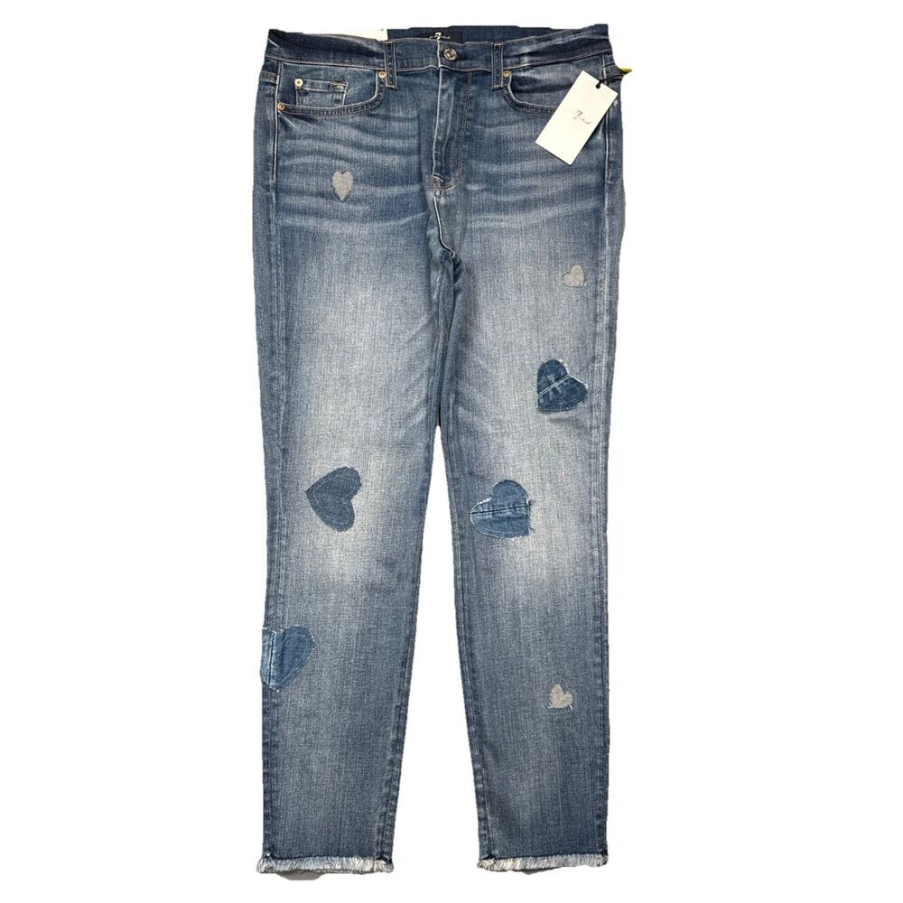 Seven for All Mankind High Waist Ankle Skinny Jeans 32 Blue Heart Patches Womens